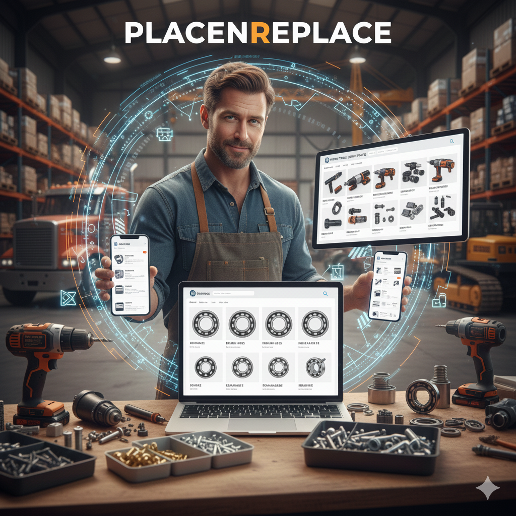 Technician at workbench using tablet to select spare parts