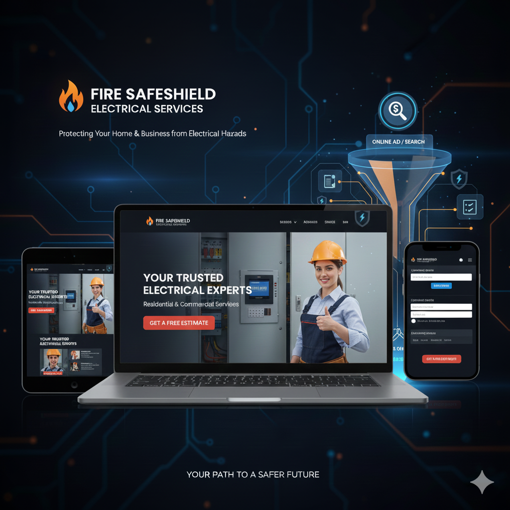 Fire SafeShield electrical funnel mockup with lightning effects