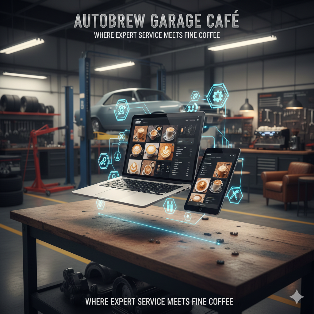 Andrewbrew Garage Café digital menu in a workshop
