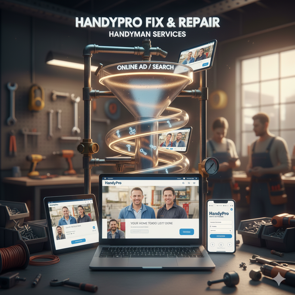 HandyPro handyman funnel mockup in workshop