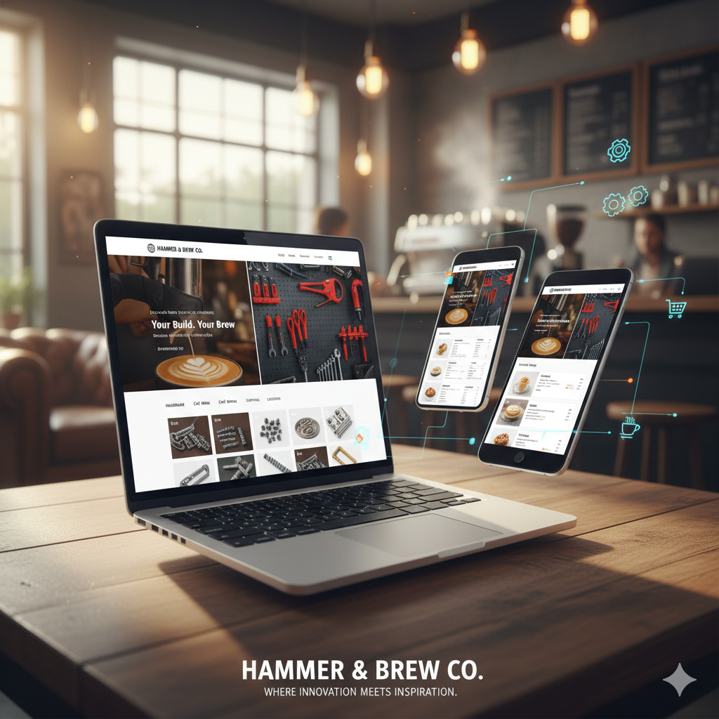 Hammer & Brew website on laptop and phones