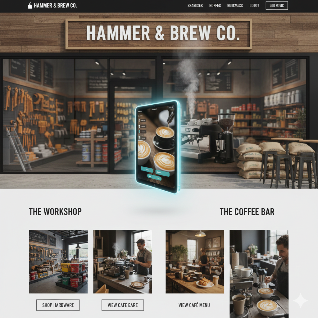 Hammer & Brew storefront with hardware and café