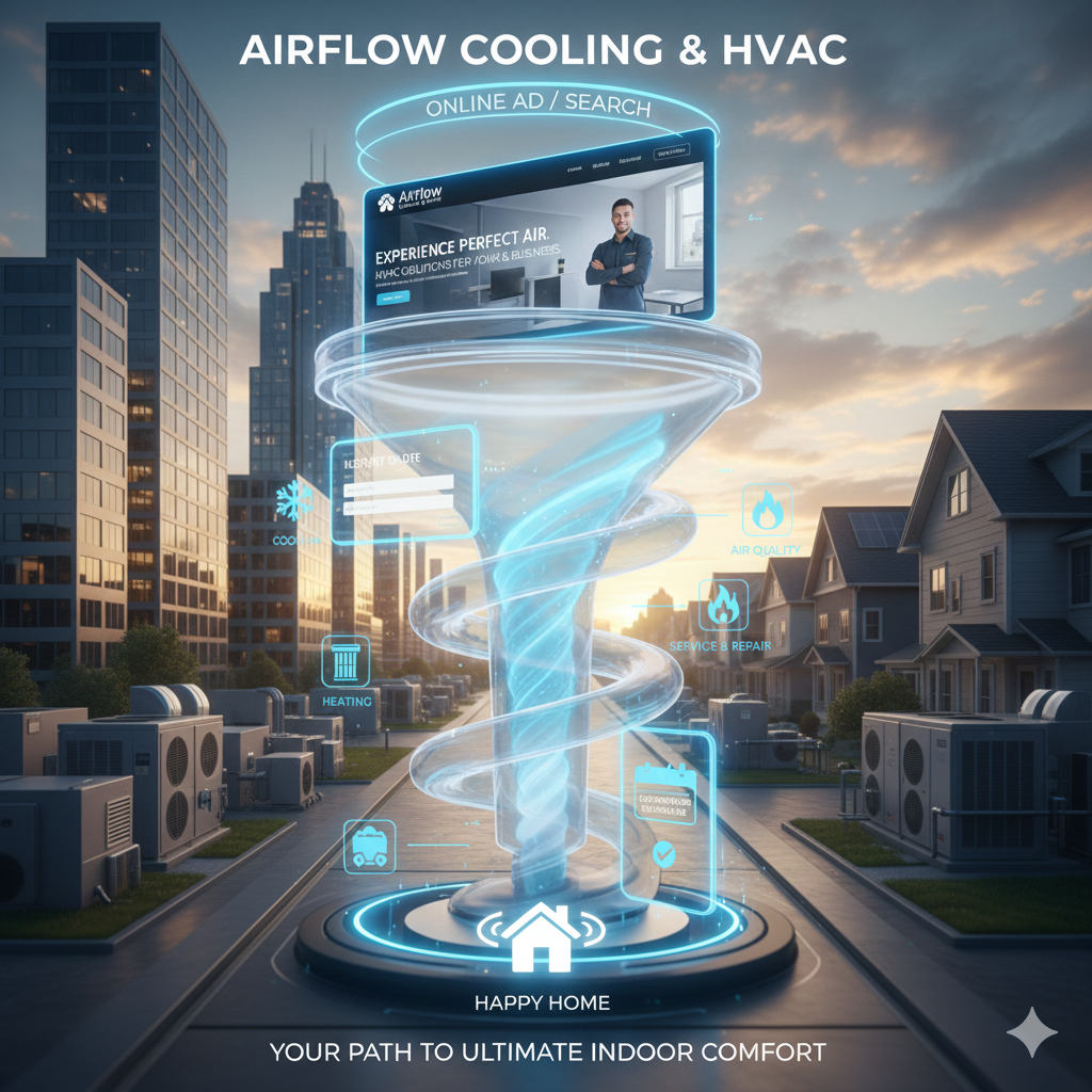 Airflow Cooling & HVAC digital funnel over outdoor HVAC units