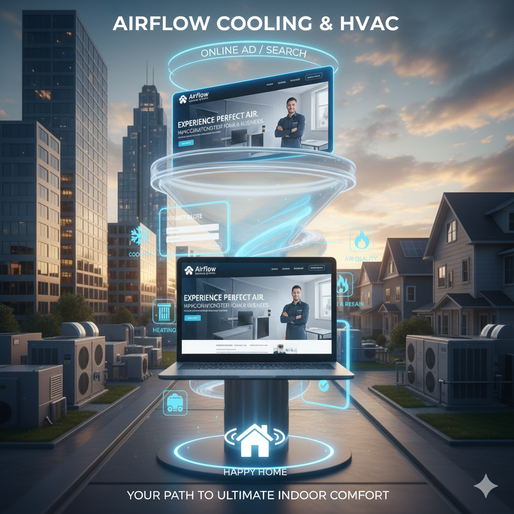 Laptop showing Airflow Cooling & HVAC funnel page