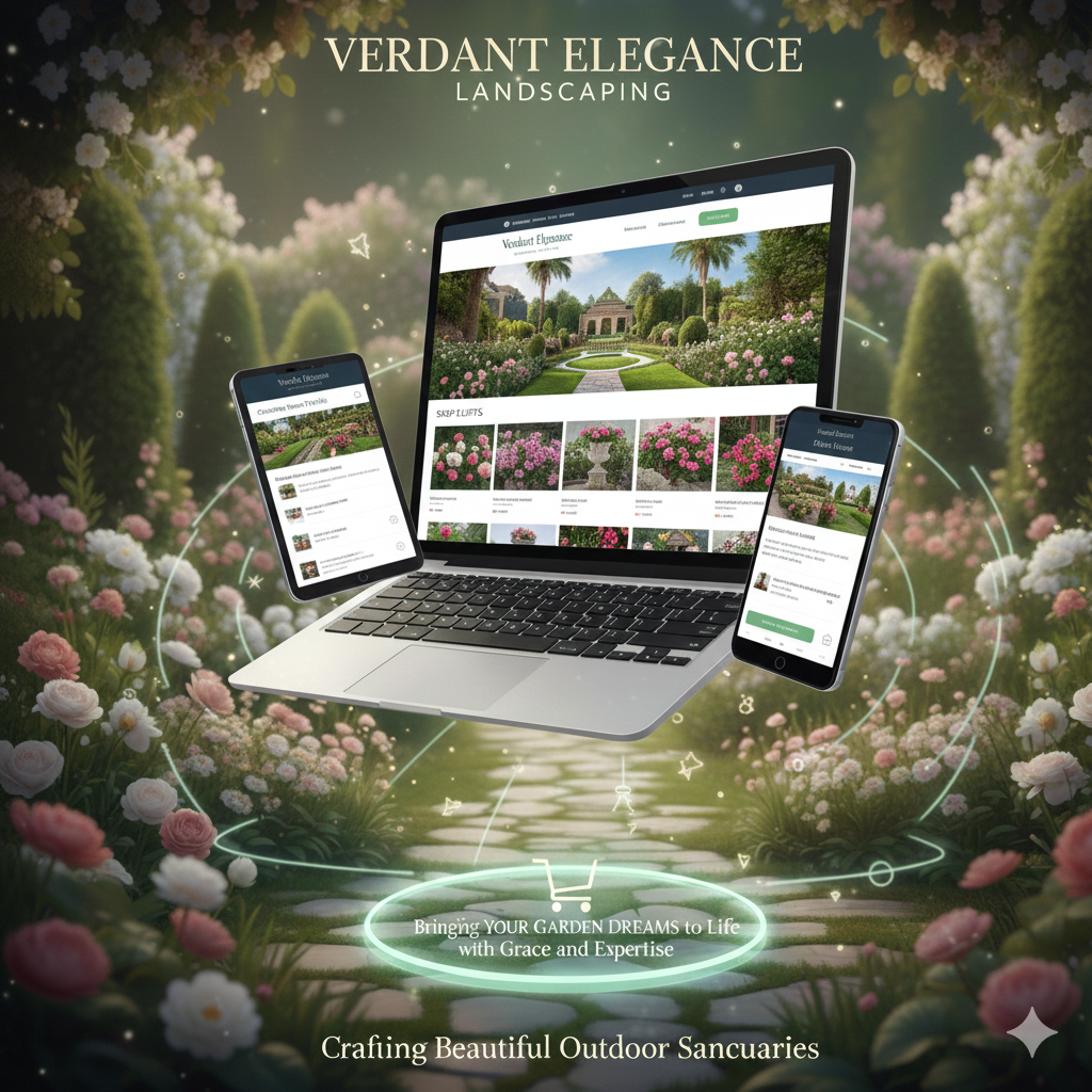 Verdant Elegance landscaping website displayed across devices in a lush garden
