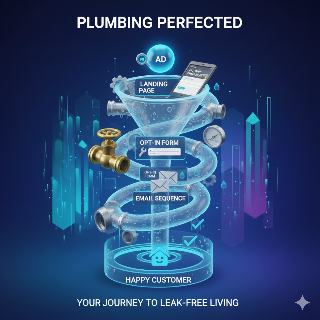 Digital plumbing funnel illustration with landing page and email sequence