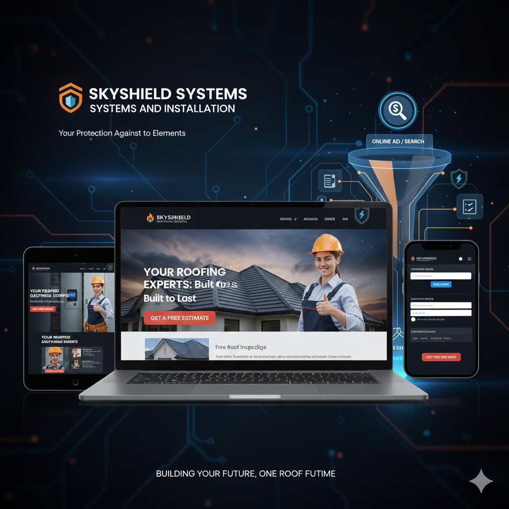 Skyshield Systems roofing funnel showing lead capture across devices
