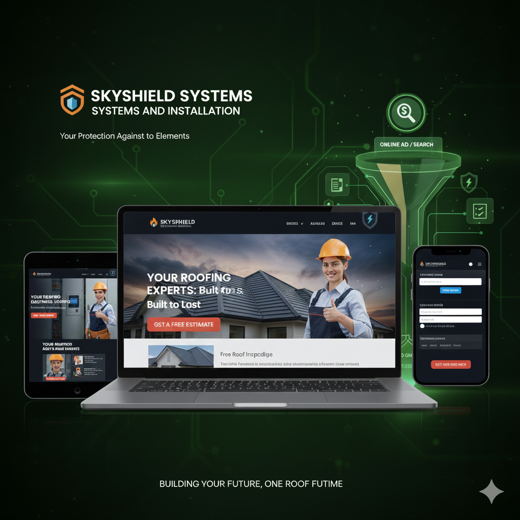 Skyshield Systems roofing funnel on laptop and mobile devices