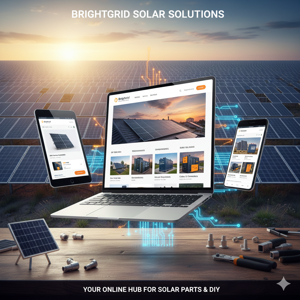 Brightgrid Solar website shown on laptop and phones with solar panels in the background